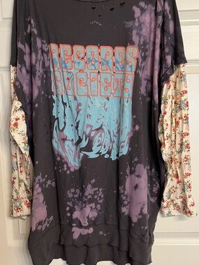 We The Free Black Tie-Dye Sweatshirt with Blue Graphic and Floral Sleeves